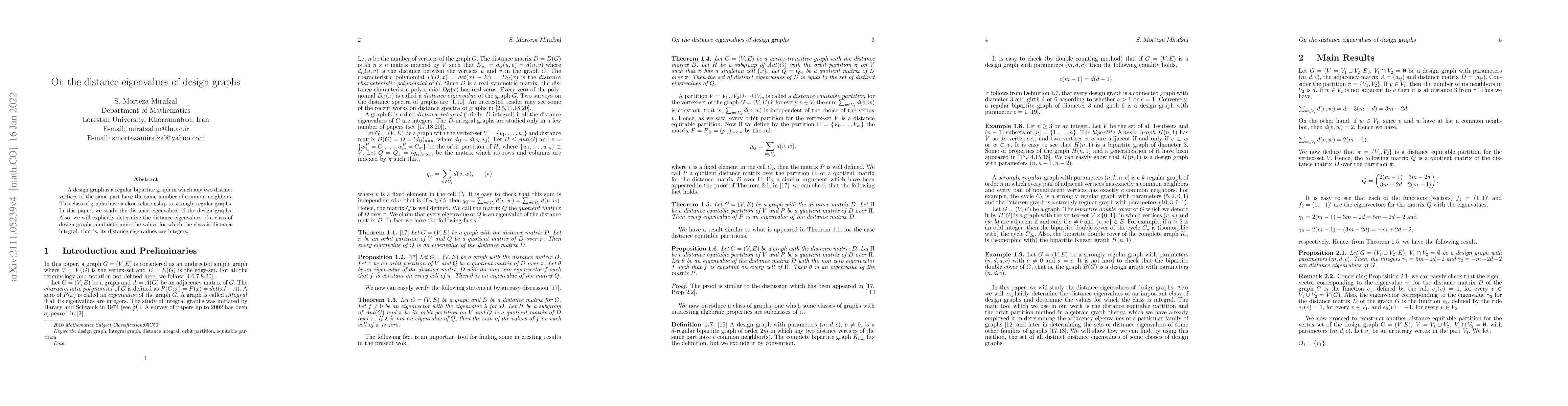 Thumbnail for On the distance eigenvalues of design graphs