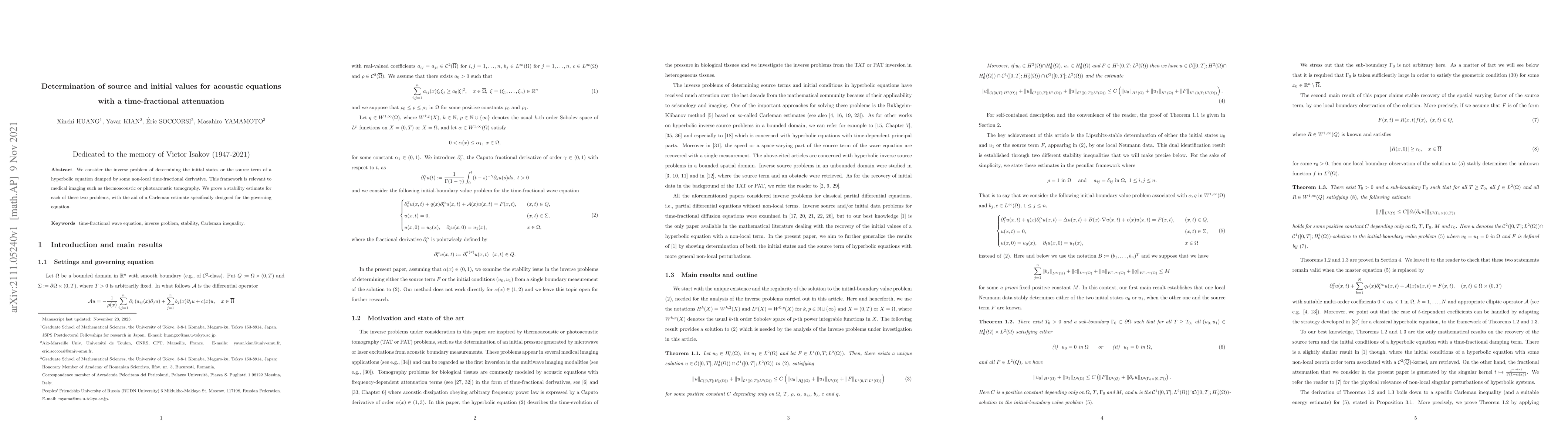 Thumbnail for Determination of source and initial values for acoustic equations with a
  time-fractional attenuation