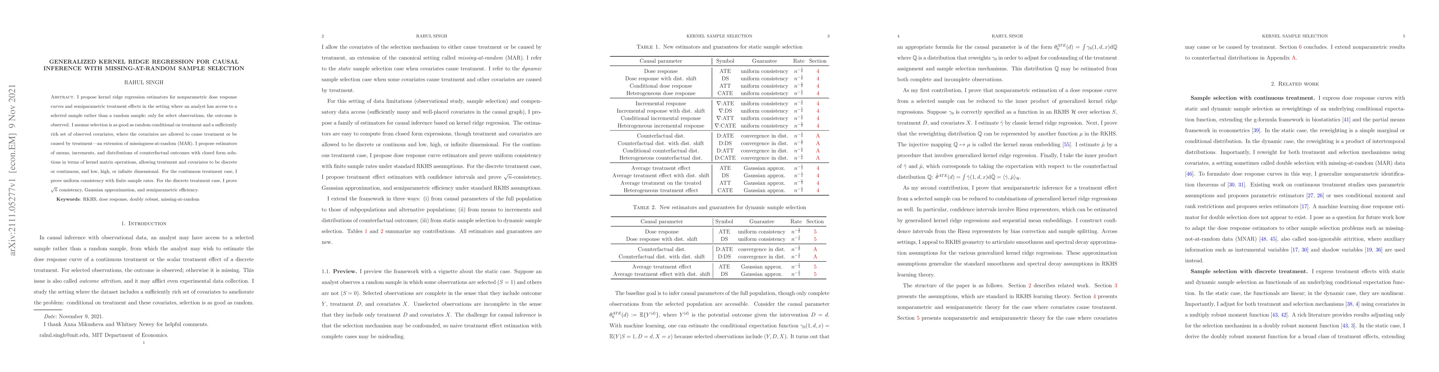 Thumbnail for Generalized Kernel Ridge Regression for Causal Inference with
  Missing-at-Random Sample Selection