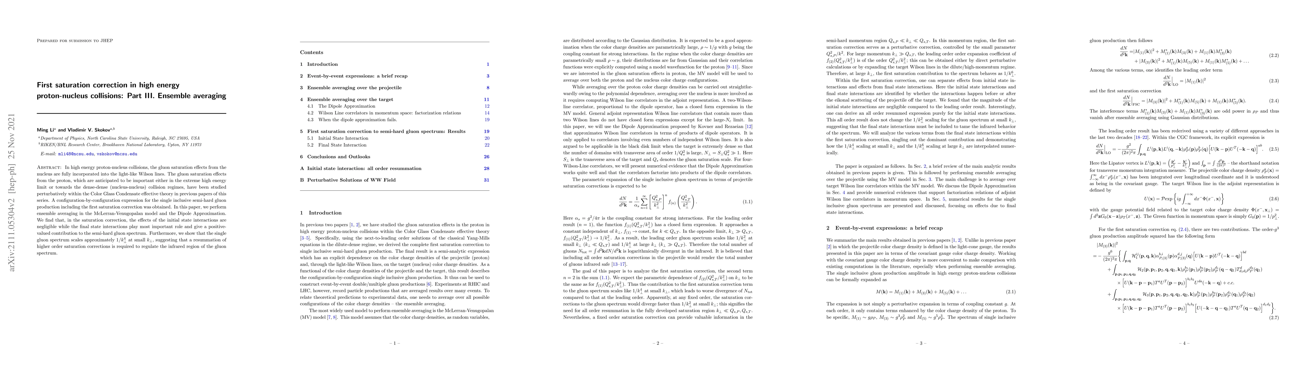Thumbnail for First saturation correction in high energy proton-nucleus collisions:
  Part III. Ensemble averaging