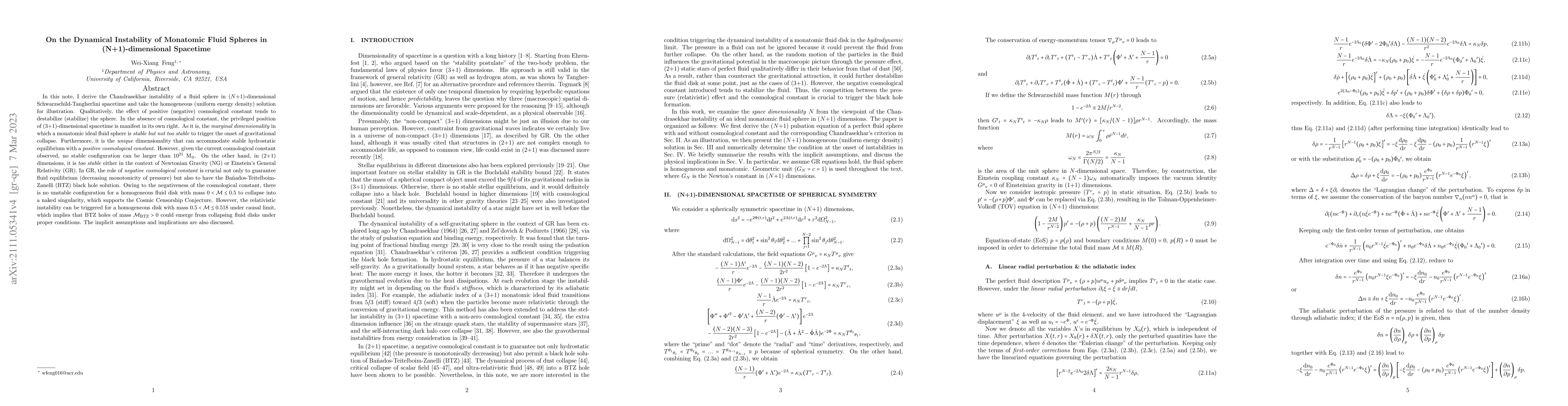 Thumbnail for On the Dynamical Instability of Monatomic Fluid Spheres in
  (N+1)-Dimensional Spacetime