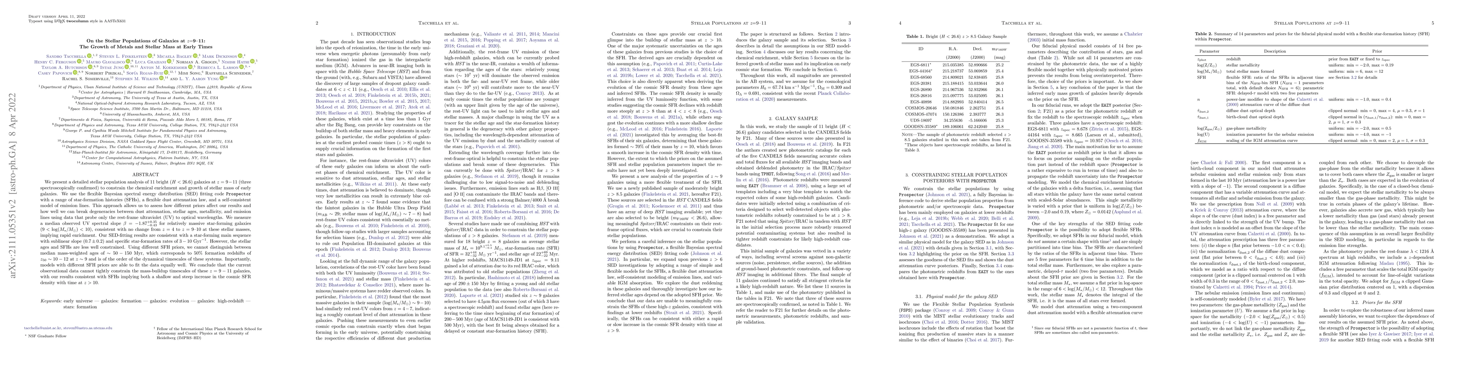 Thumbnail for On the Stellar Populations of Galaxies at z=9-11: The Growth of Metals
  and Stellar Mass at Early Times