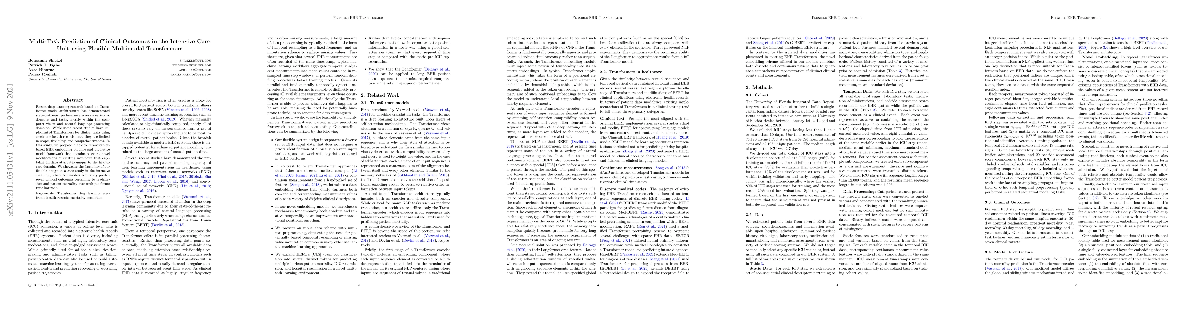 Thumbnail for Multi-Task Prediction of Clinical Outcomes in the Intensive Care Unit
  using Flexible Multimodal Transformers