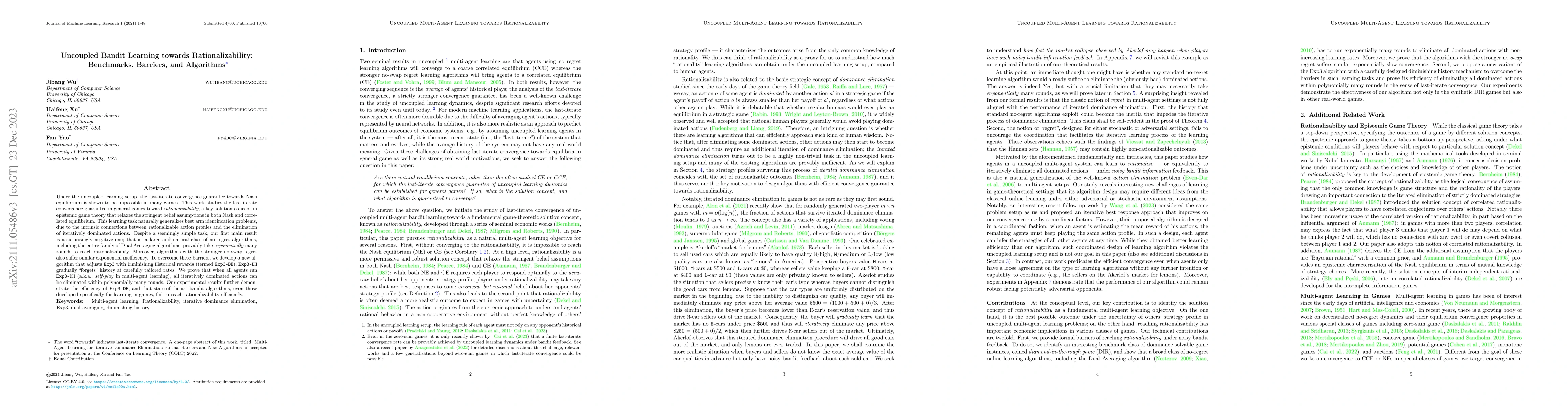 Thumbnail for Uncoupled Bandit Learning towards Rationalizability: Benchmarks,
  Barriers, and Algorithms