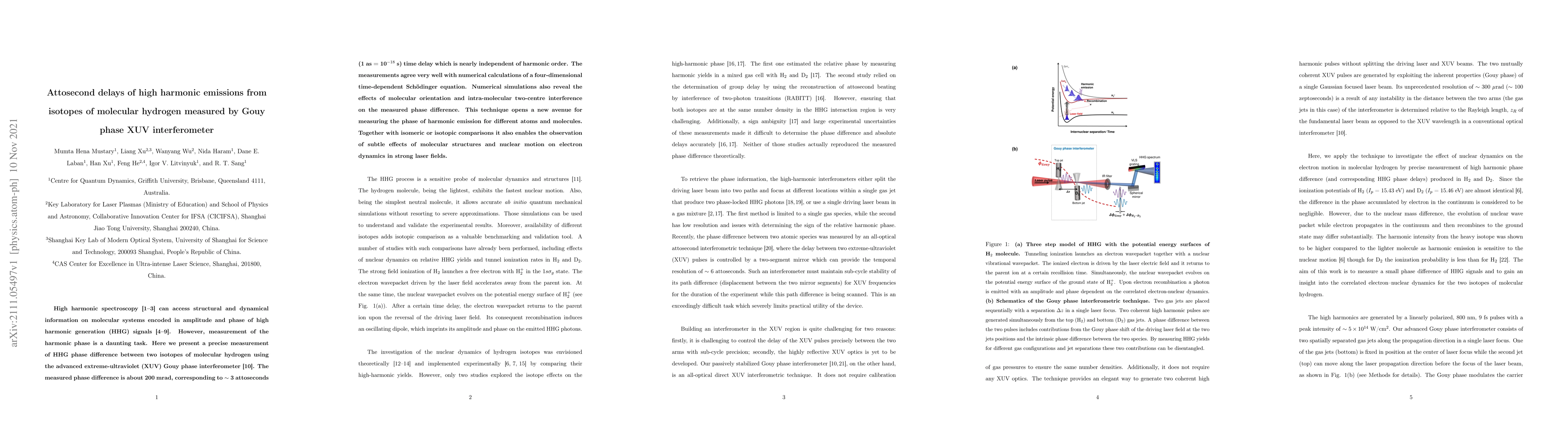 Thumbnail for Attosecond delays of high harmonic emissions from isotopes of molecular
  hydrogen measured by Gouy phase XUV interferometer