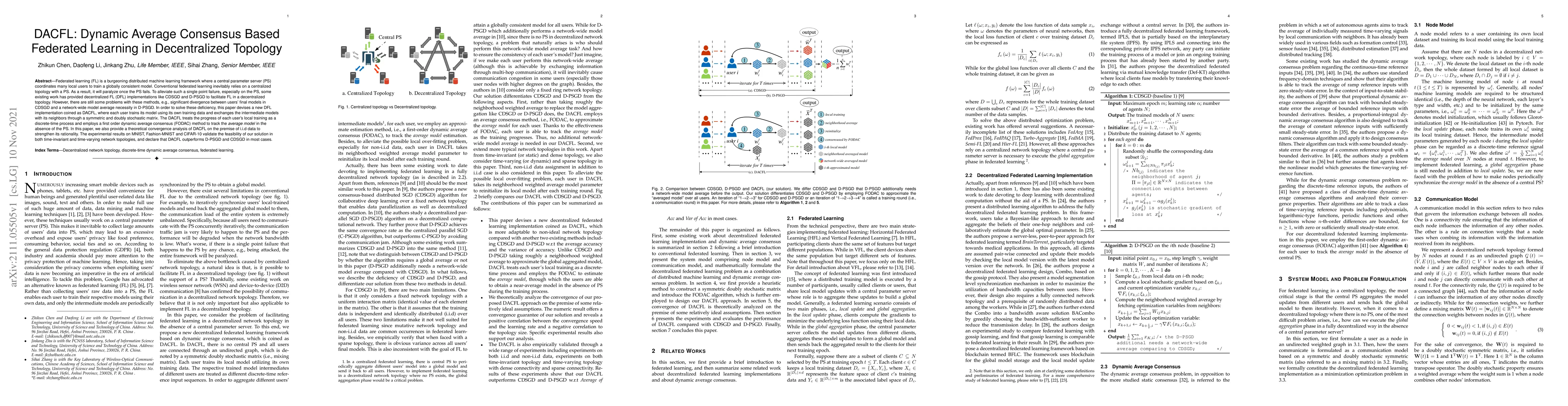 Thumbnail for DACFL: Dynamic Average Consensus Based Federated Learning in
  Decentralized Topology