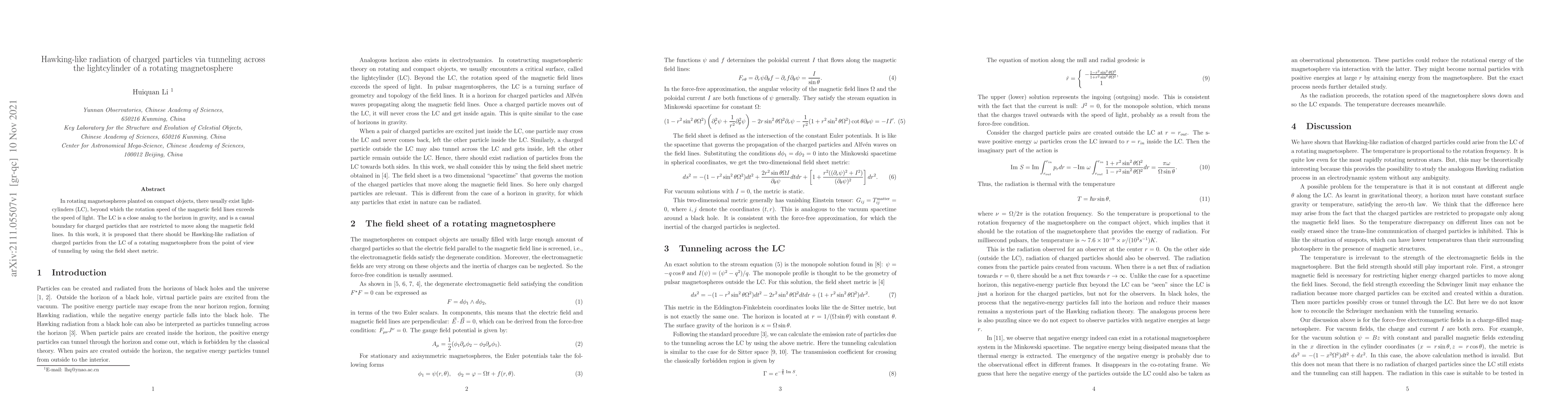 Thumbnail for Hawking-like radiation of charged particles via tunneling across the
  lightcylinder of a rotating magnetosphere