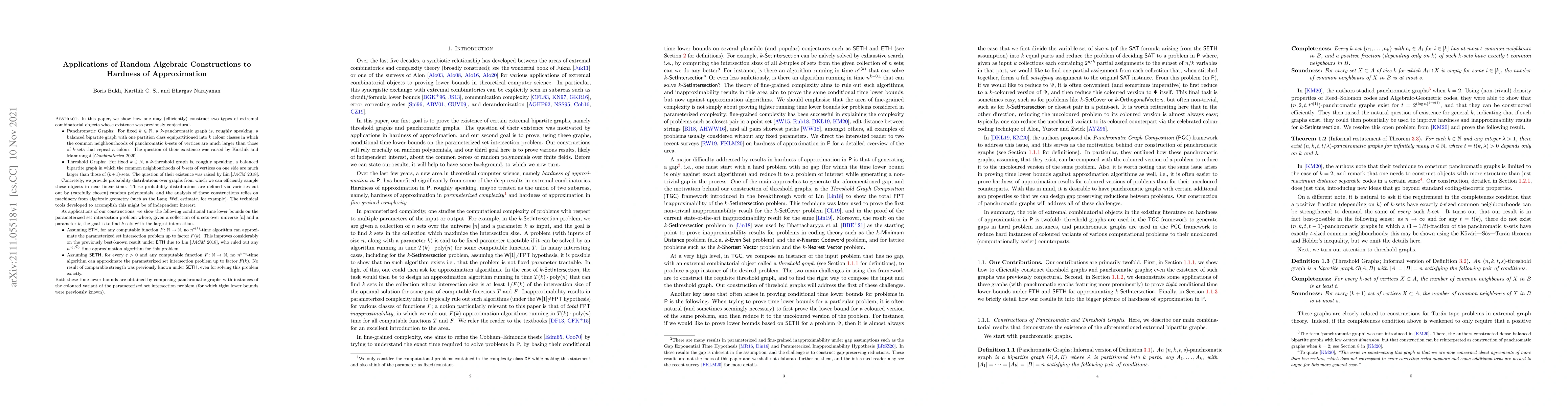 Thumbnail for Applications of Random Algebraic Constructions to Hardness of
  Approximation
