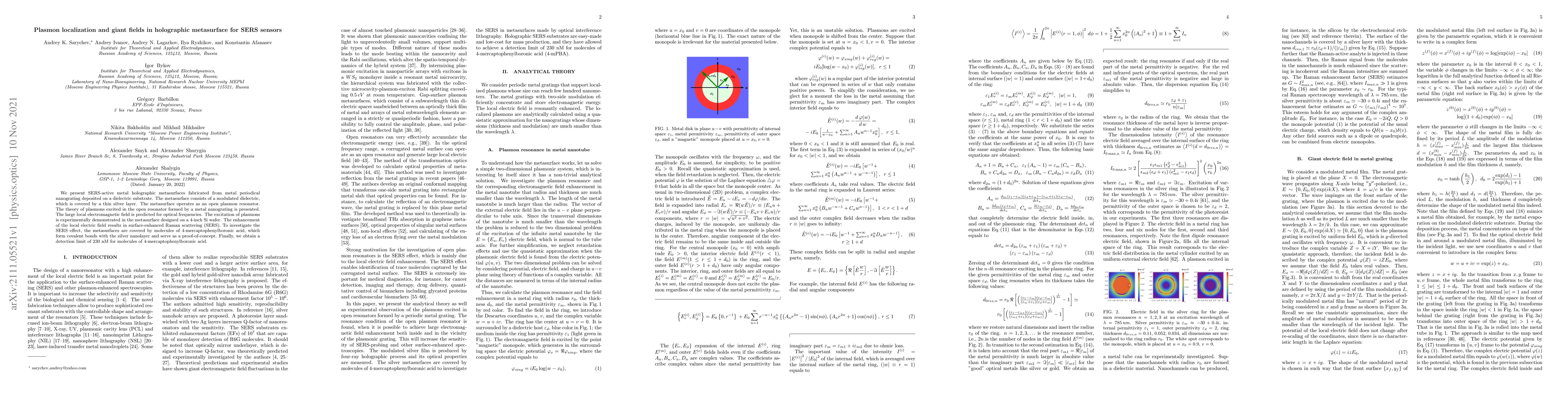 Thumbnail for Plasmon localization and giant fields in holographic metasurface for
  SERS sensors
