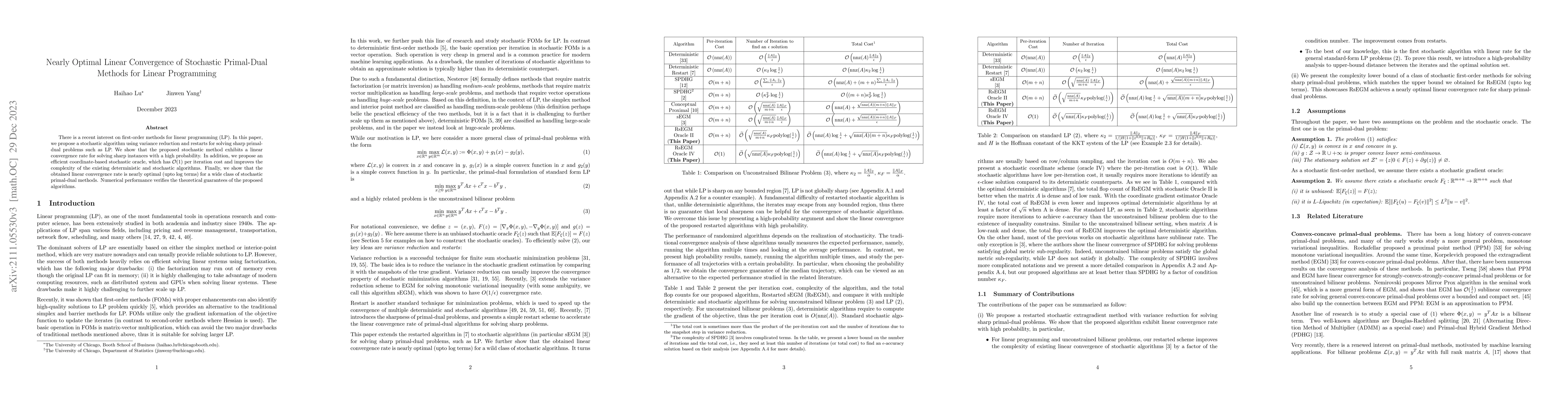 Thumbnail for Nearly Optimal Linear Convergence of Stochastic Primal-Dual Methods for
  Linear Programming