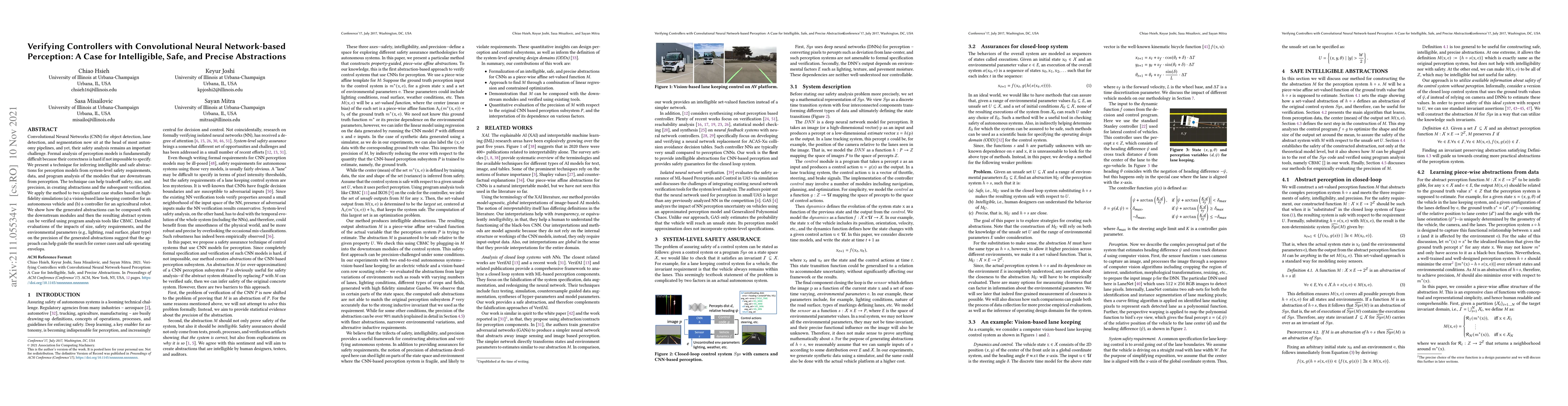 Thumbnail for Verifying Controllers with Convolutional Neural Network-based
  Perception: A Case for Intelligible, Safe, and Precise Abstractions