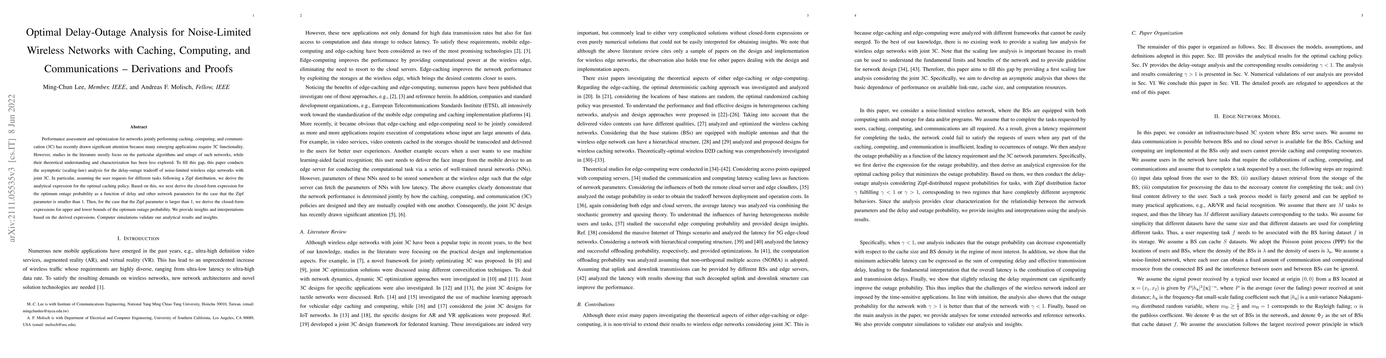 Thumbnail for Optimal Delay-Outage Analysis for Noise-Limited Wireless Networks with
  Caching, Computing, and Communications -- Derivations and Proofs