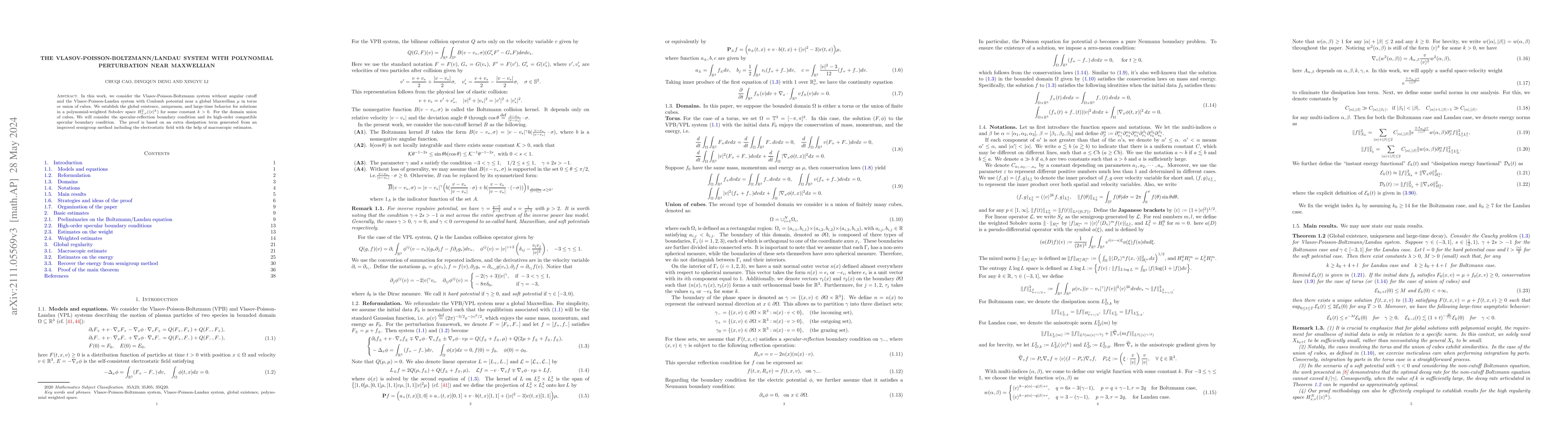 Thumbnail for The Vlasov-Poisson-Boltzmann/Landau system with polynomial perturbation
  near Maxwellian