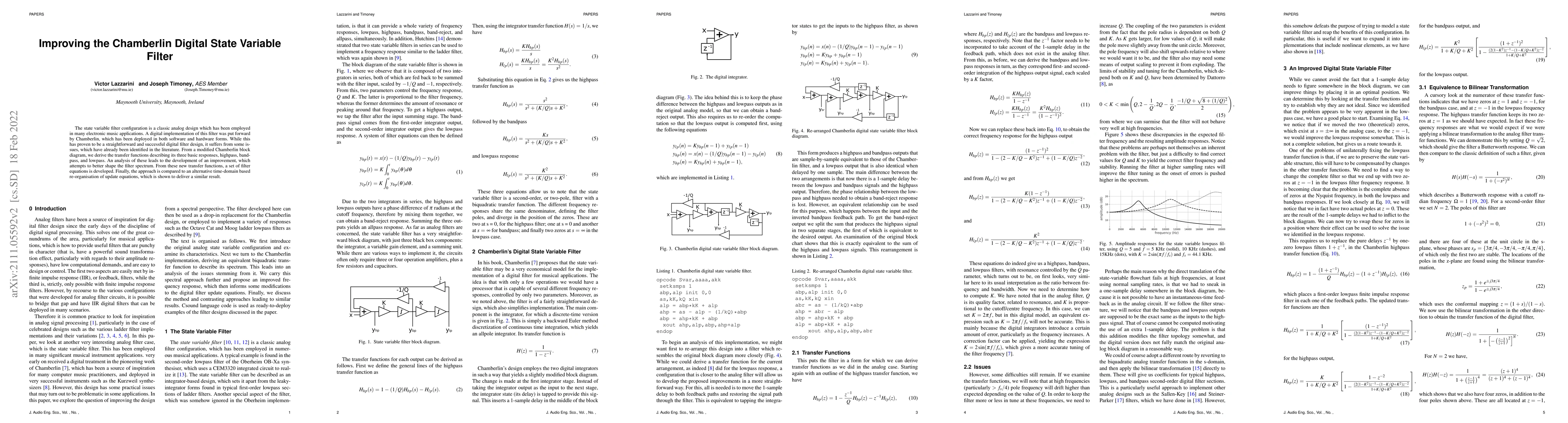 Thumbnail for Improving the Chamberlin Digital State Variable Filter