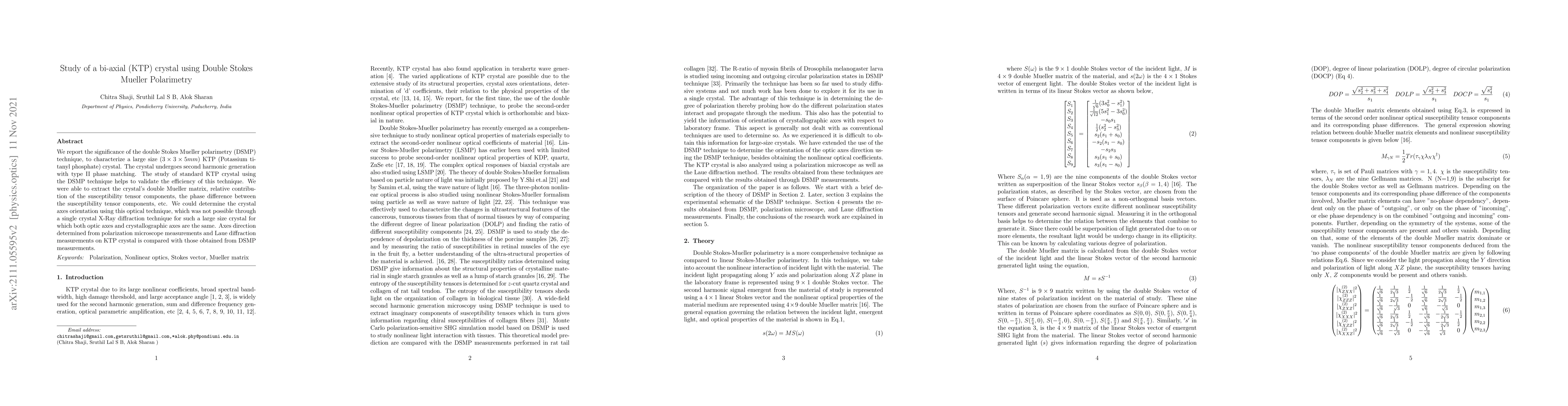 Thumbnail for Study of a bi-axial (KTP) crystal using Double Stokes Mueller
  Polarimetry