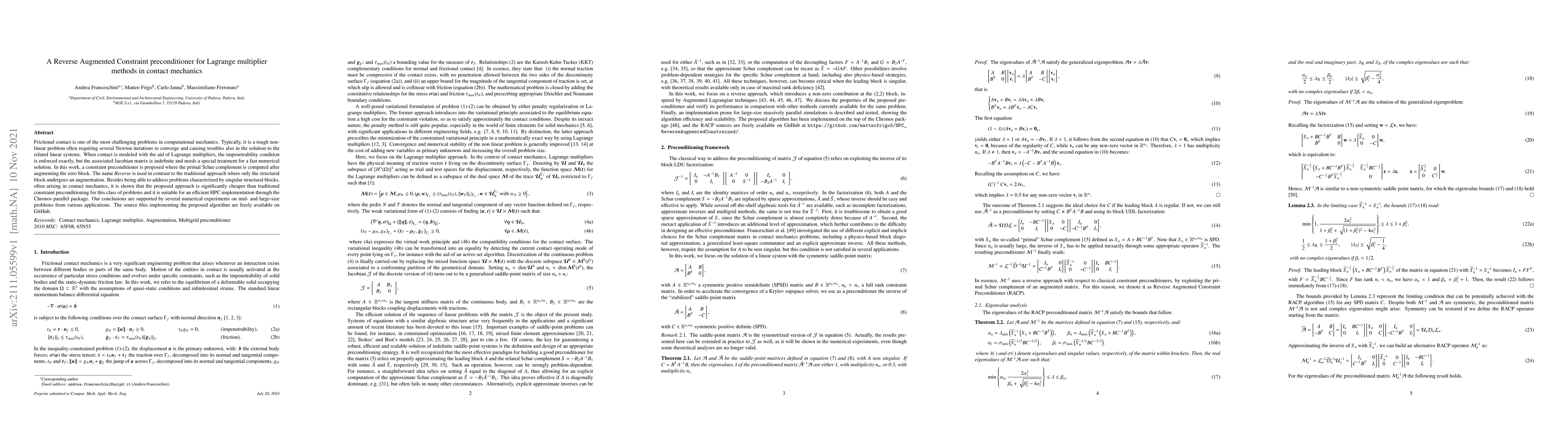 Thumbnail for A Reverse Augmented Constraint preconditioner for Lagrange multiplier
  methods in contact mechanics