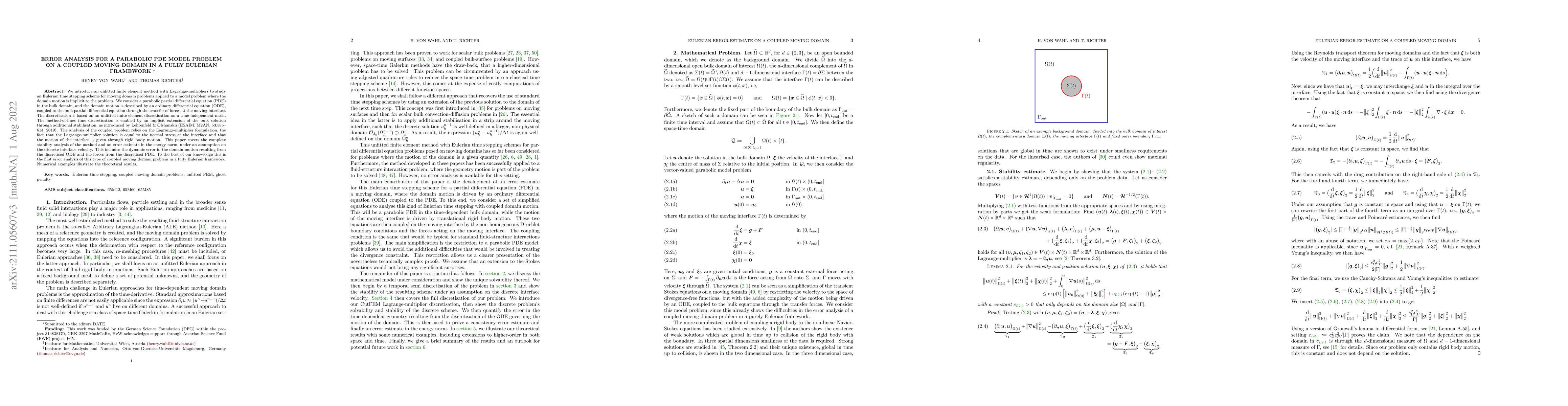 Thumbnail for Error analysis for a parabolic PDE model problem on a coupled moving
  domain in a fully Eulerian framework