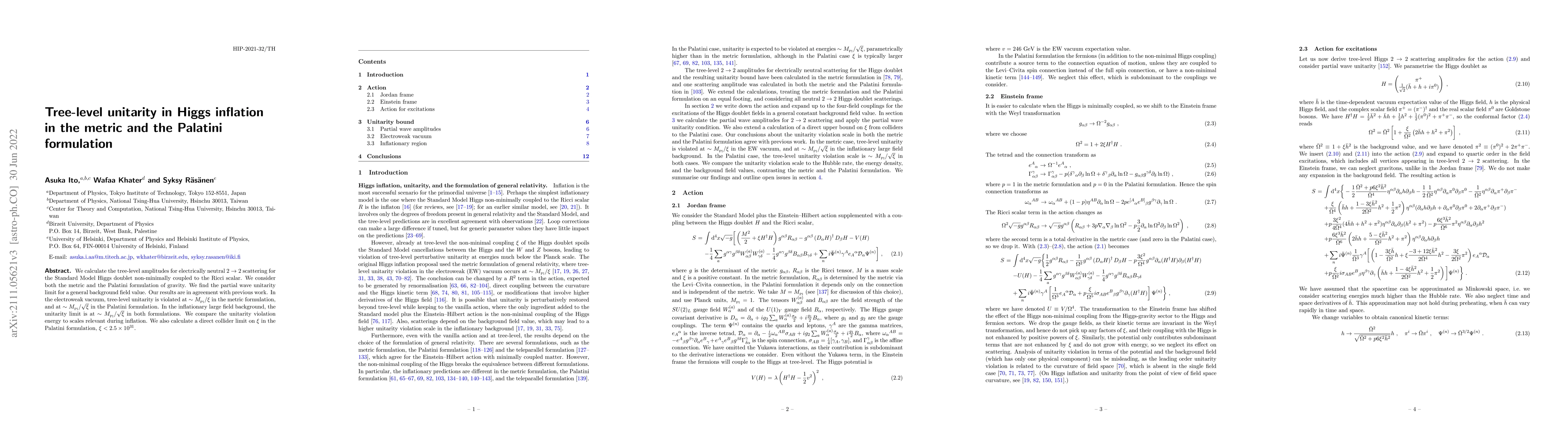 Thumbnail for Tree-level unitarity in Higgs inflation in the metric and the Palatini
  formulation
