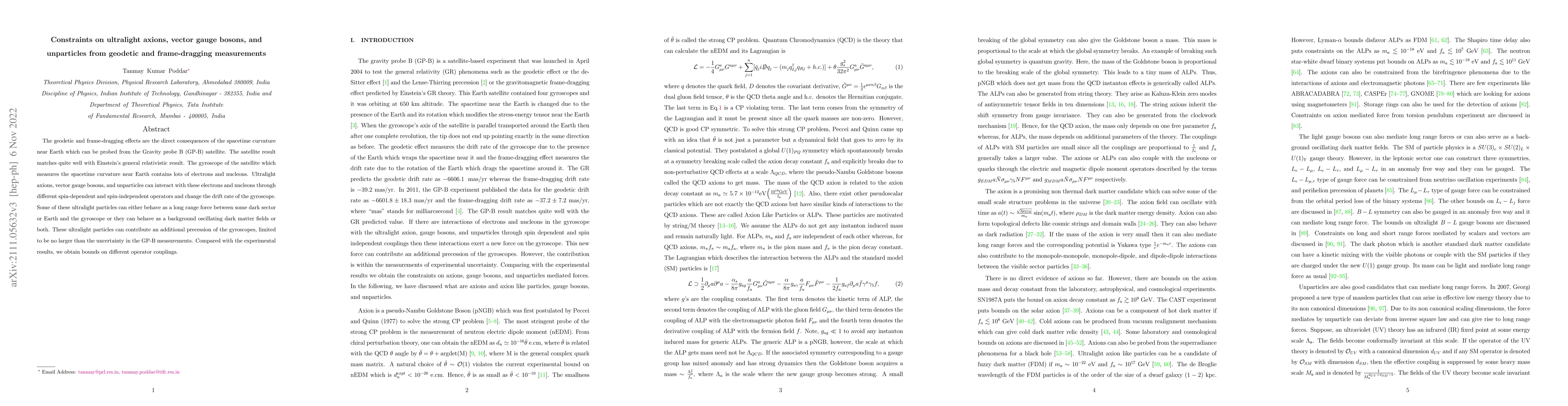 Thumbnail for Constraints on ultralight axions, vector gauge bosons, and unparticles
  from geodetic and frame-dragging measurements