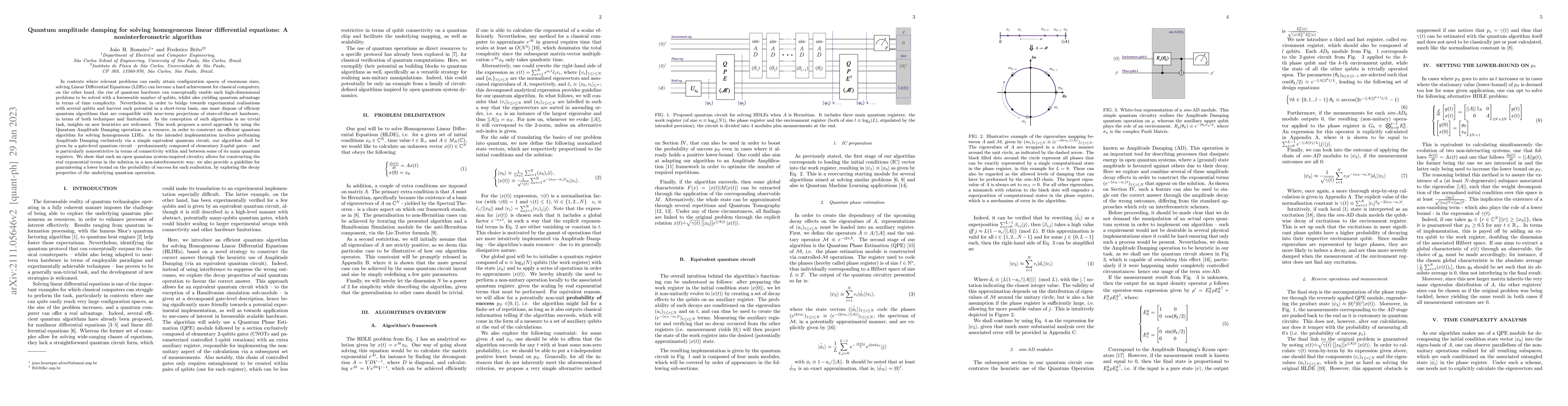 Thumbnail for Quantum amplitude damping for solving homogeneous linear differential
  equations: A noninterferometric algorithm