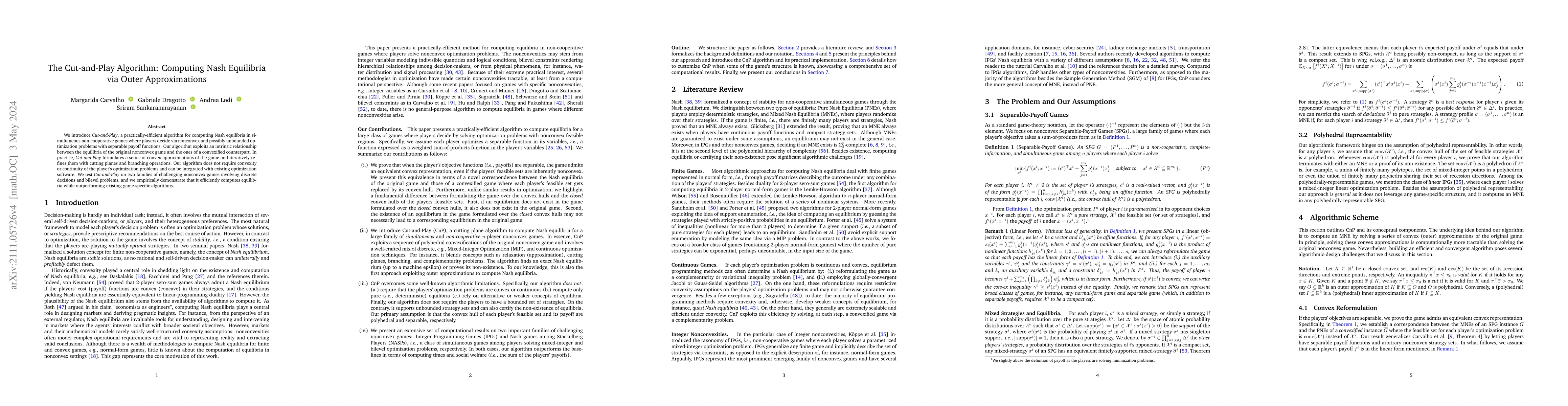 Thumbnail for The Cut-and-Play Algorithm: Computing Nash Equilibria via Outer
  Approximations
