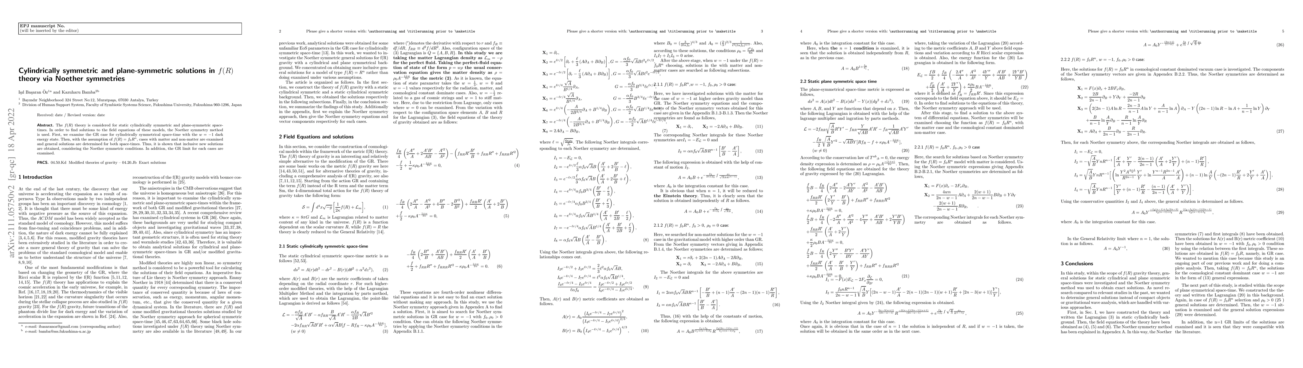 Thumbnail for Cylindrically symmetric and plane-symmetric solutions in $f(R)$ theory
  via Noether symmetries