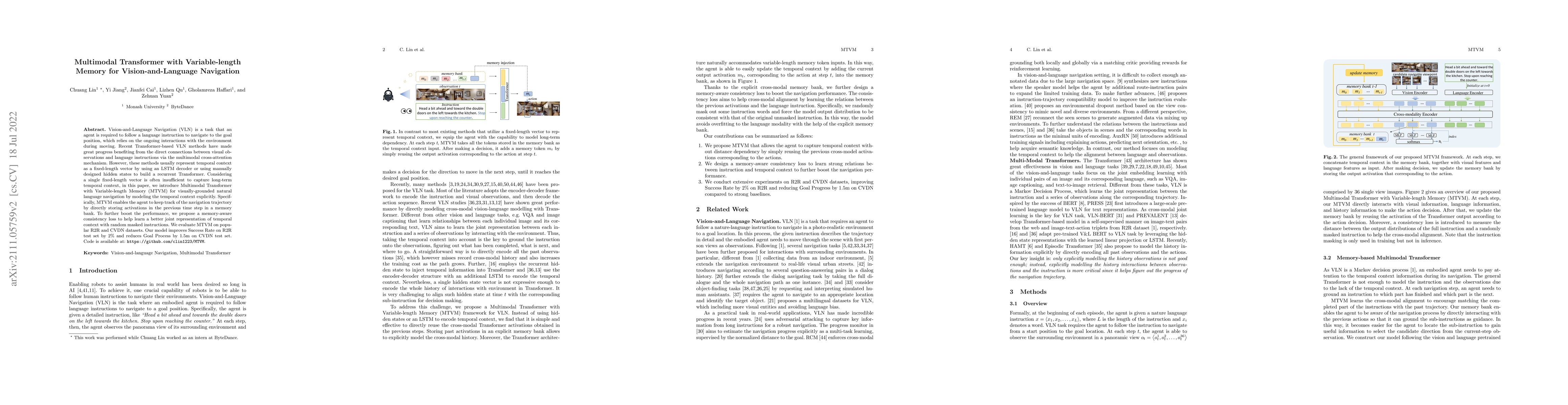 Thumbnail for Multimodal Transformer with Variable-length Memory for
  Vision-and-Language Navigation