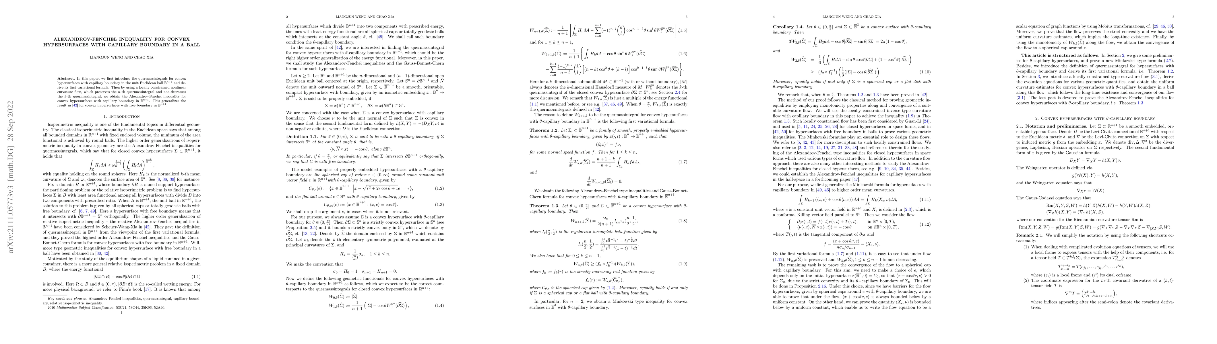 Thumbnail for Alexandrov-Fenchel inequality for convex hypersurfaces with capillary
  boundary in a ball