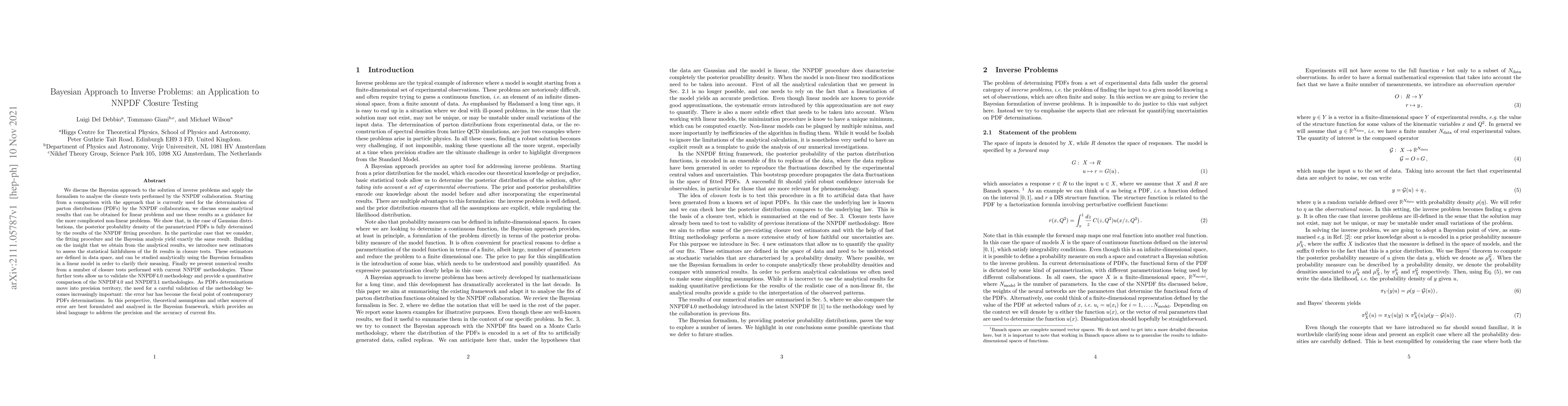Thumbnail for Bayesian Approach to Inverse Problems: an Application to NNPDF Closure
  Testing
