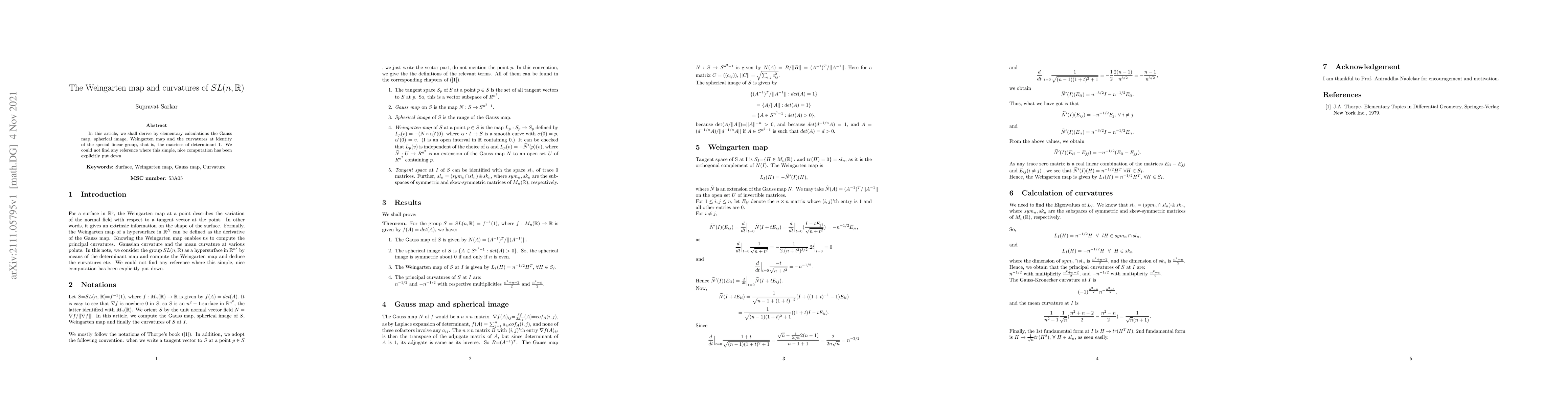 Thumbnail for The Weingarten map and curvatures of SL(n, R)