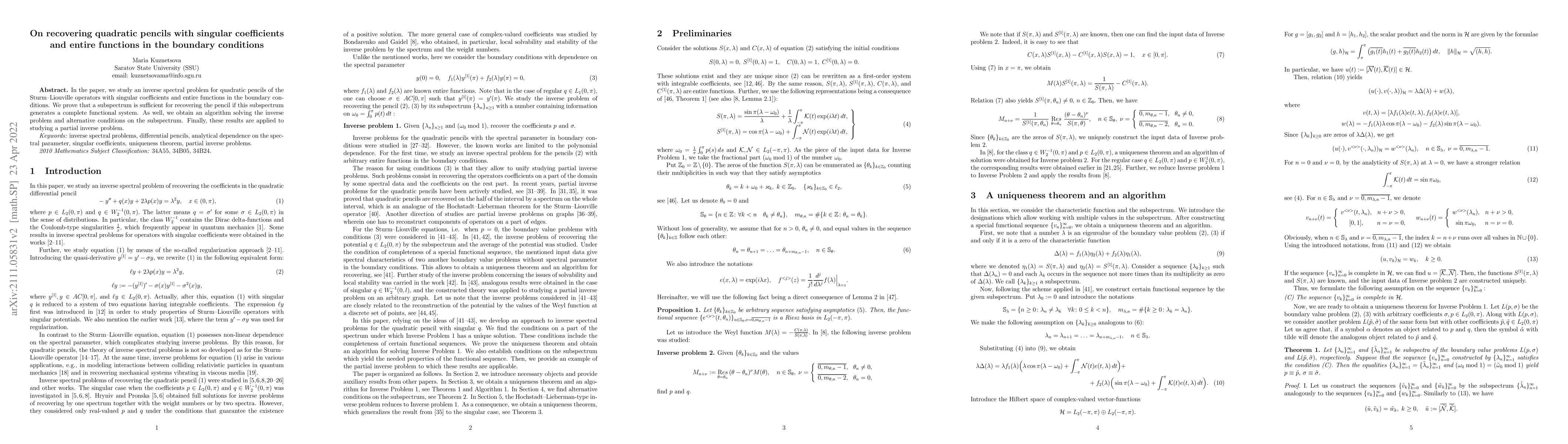 Thumbnail for On recovering quadratic pencils with singular coefficients and entire
  functions in the boundary conditions