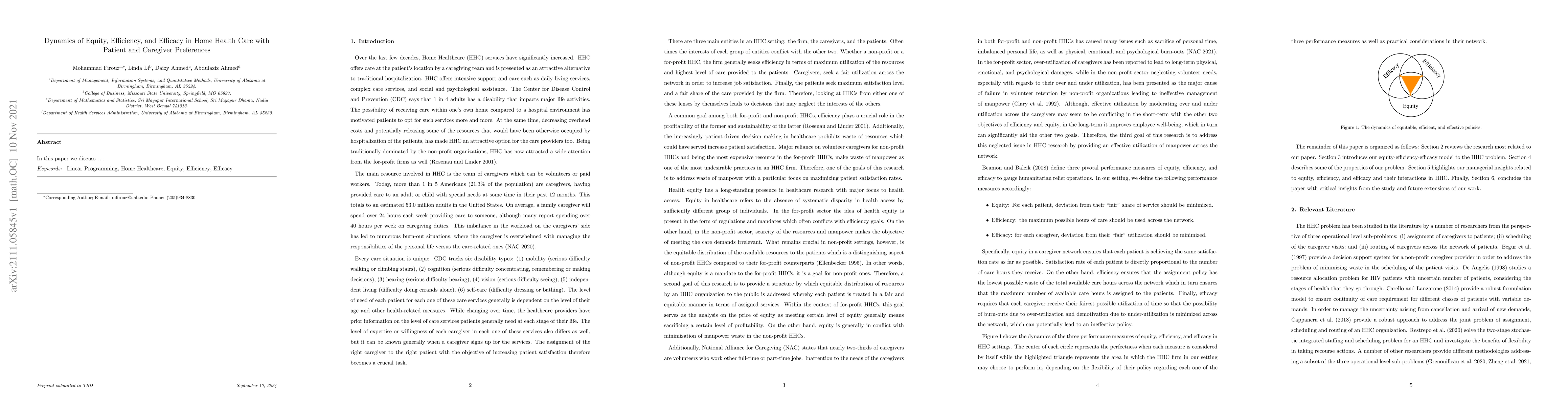 Thumbnail for Dynamics of Equity, Efficiency, and Efficacy in Home Health Care with
  Patient and Caregiver Preferences
