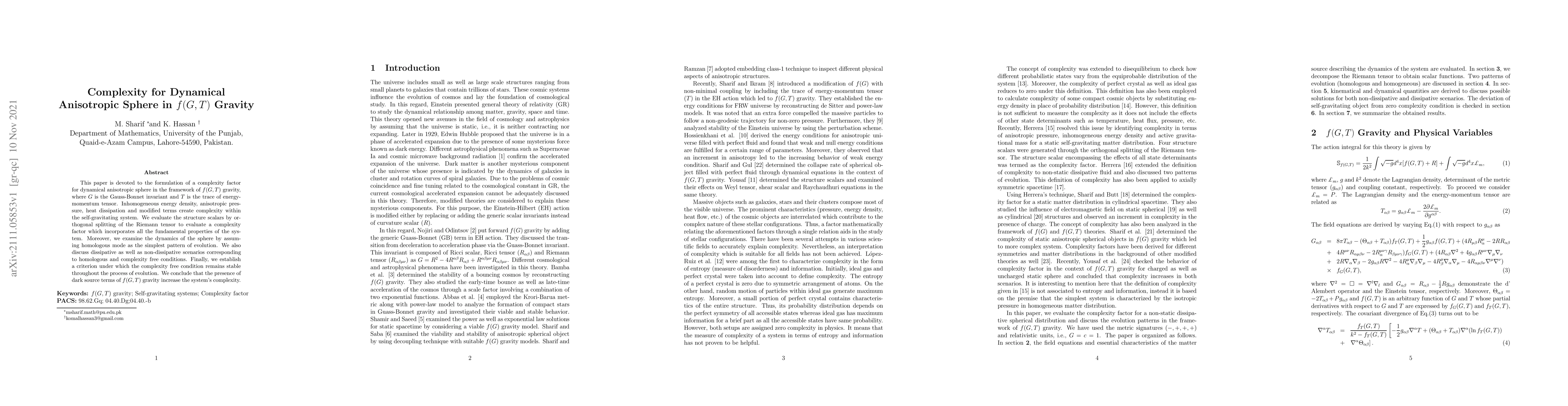 Thumbnail for Complexity for Dynamical Anisotropic Sphere in f(G,T) Gravity