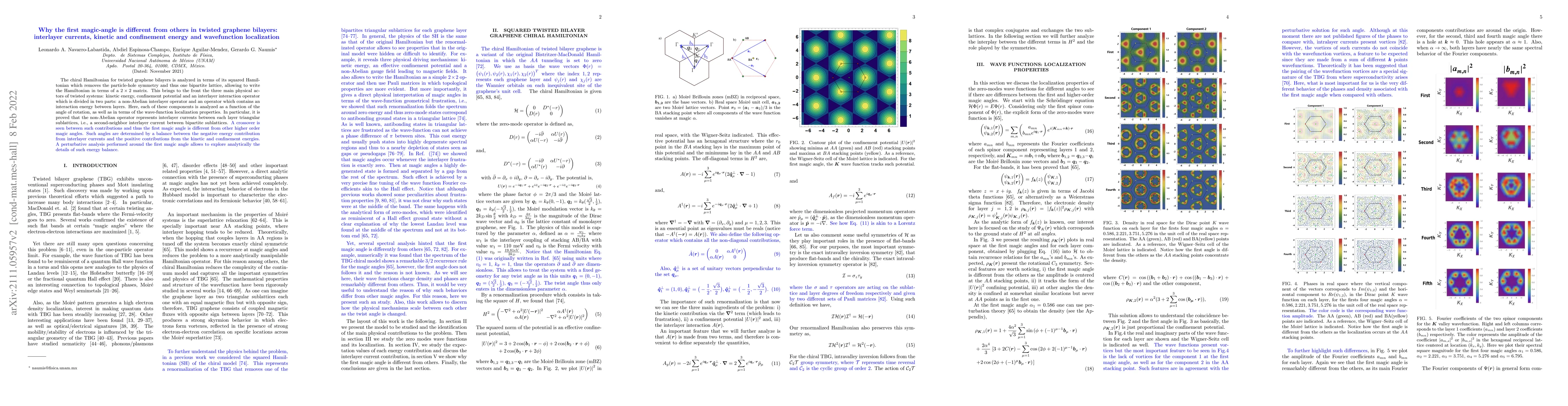 Thumbnail for Why the first magic-angle is different from others in twisted graphene
  bilayers: interlayer currents, kinetic and confinement energy and
  wavefunction localization