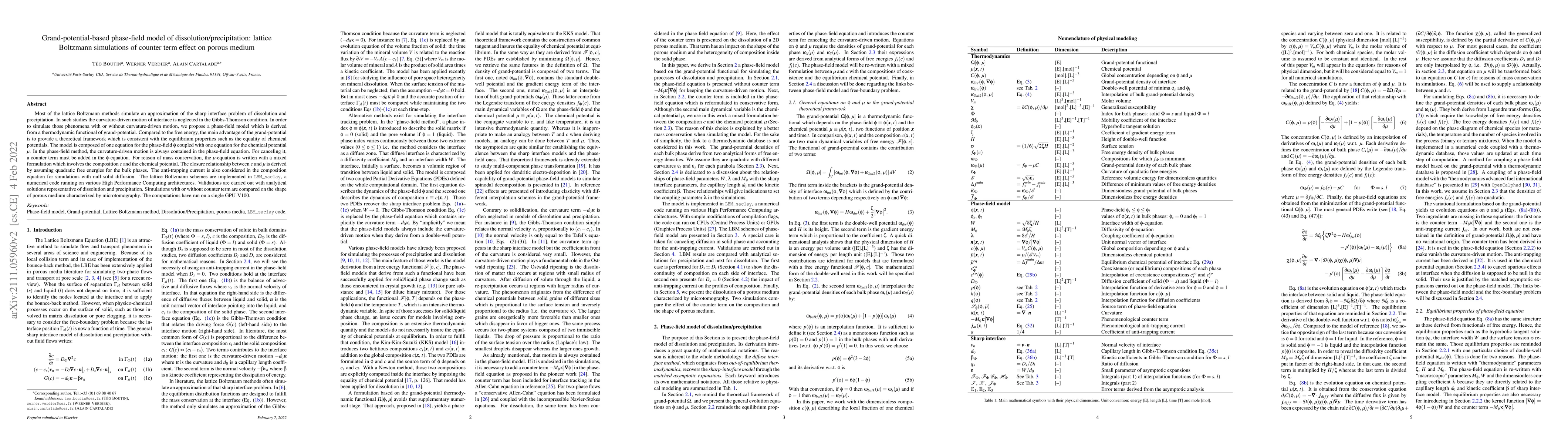 Thumbnail for Grand-potential-based phase-field model of dissolution/precipitation:
  lattice Boltzmann simulations of counter term effect on porous medium