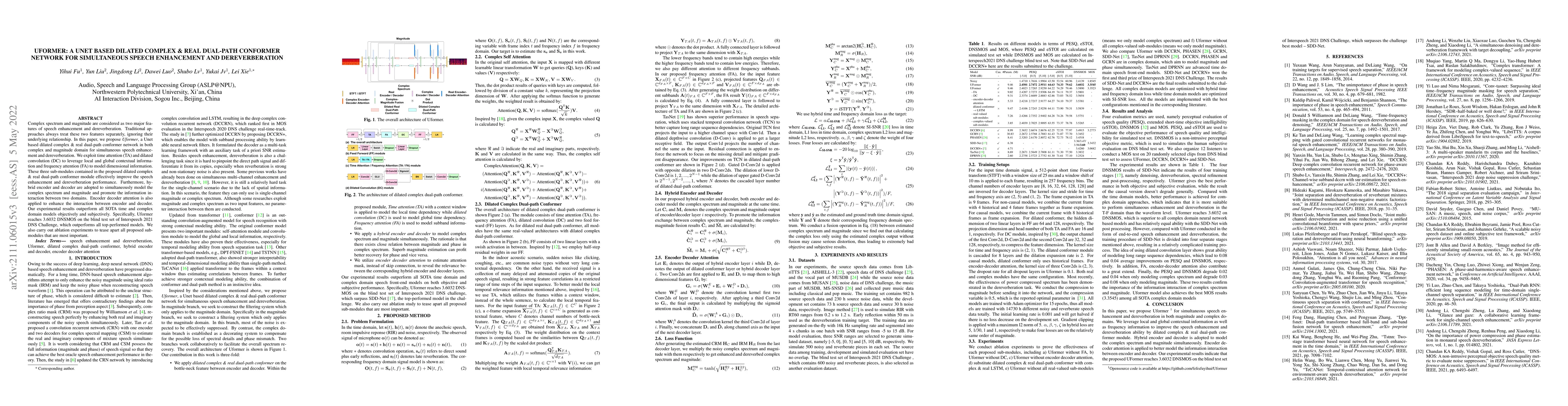 Thumbnail for Uformer: A Unet based dilated complex & real dual-path conformer network
  for simultaneous speech enhancement and dereverberation
