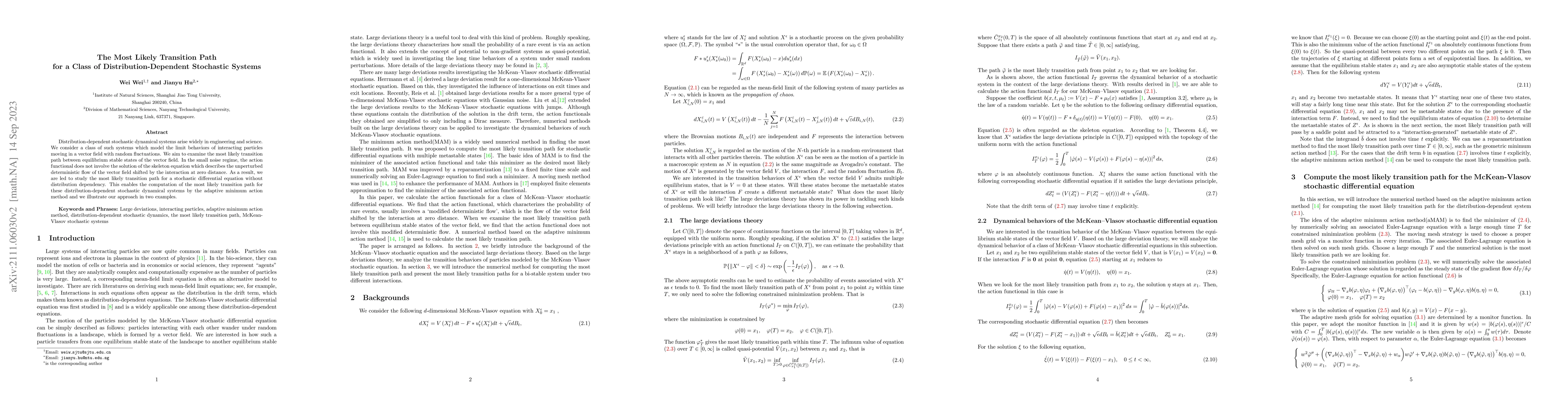 Thumbnail for The Most Likely Transition Path for a Class of Distribution-Dependent
  Stochastic Systems