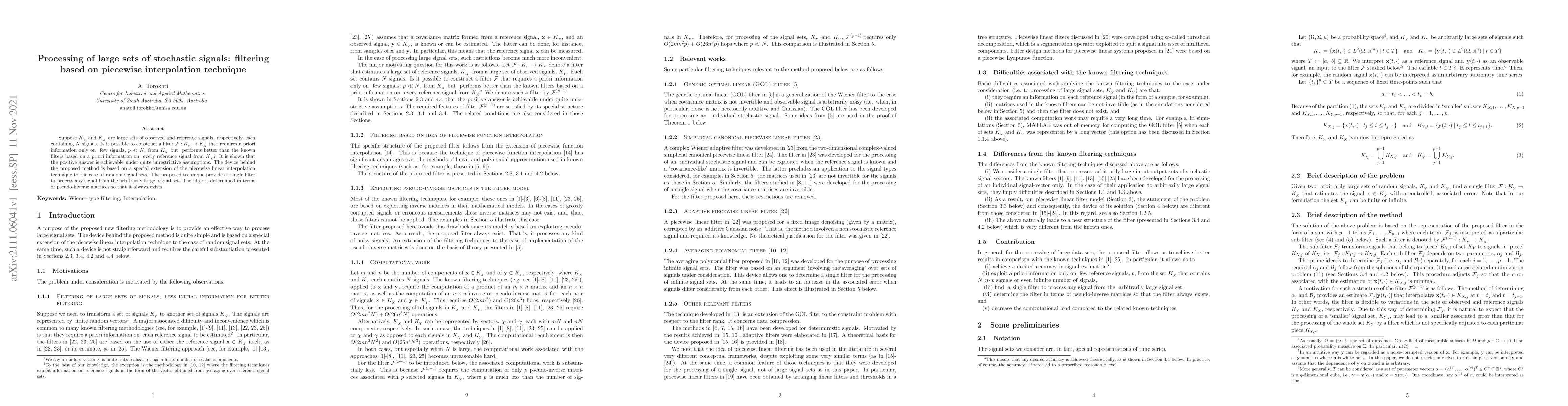 Thumbnail for Processing of large sets of stochastic signals: filtering based on
  piecewise interpolation technique