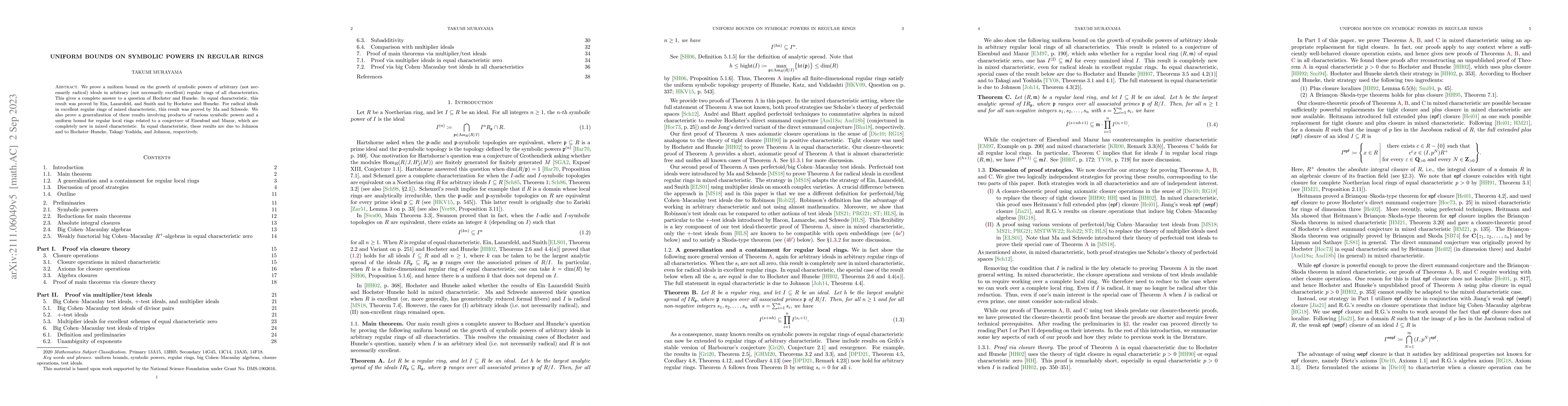 Thumbnail for Uniform bounds on symbolic powers in regular rings