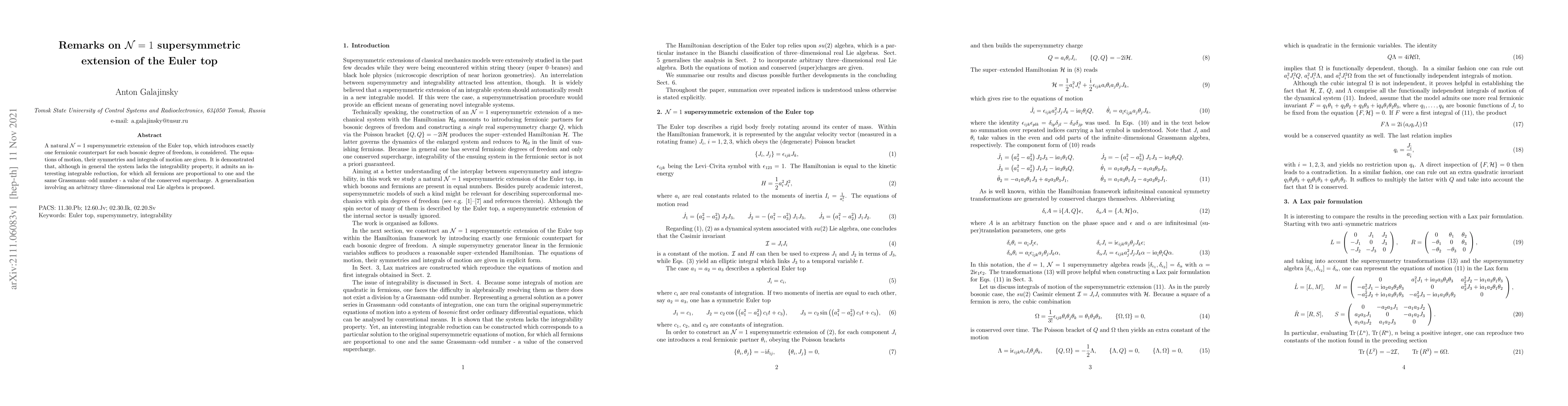 Thumbnail for Remarks on N=1 supersymmetric extension of the Euler top
