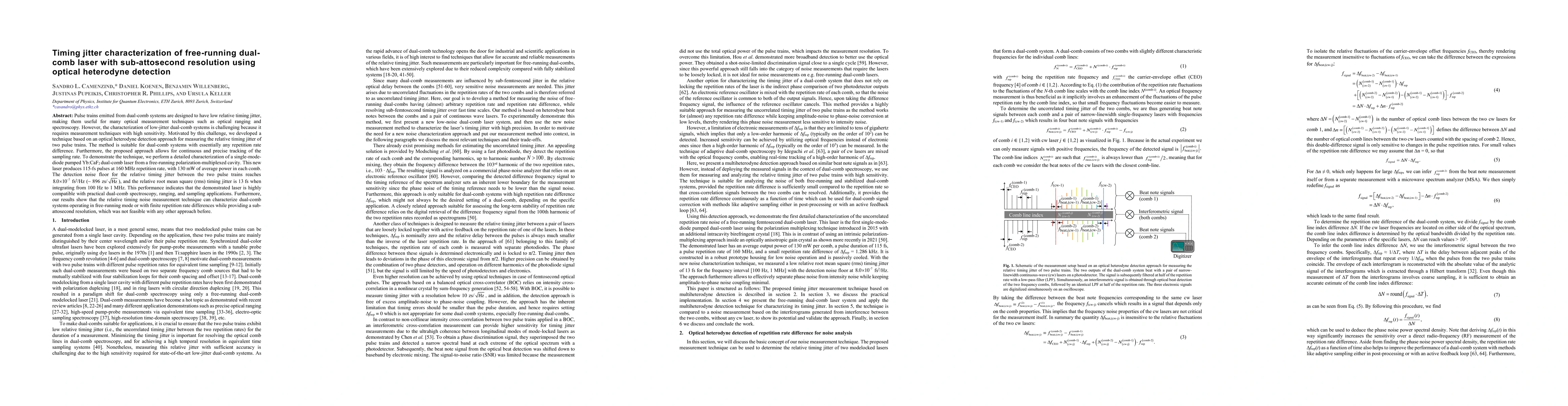 Thumbnail for Timing jitter characterization of free-running dual-comb laser with
  sub-attosecond resolution using optical heterodyne detection