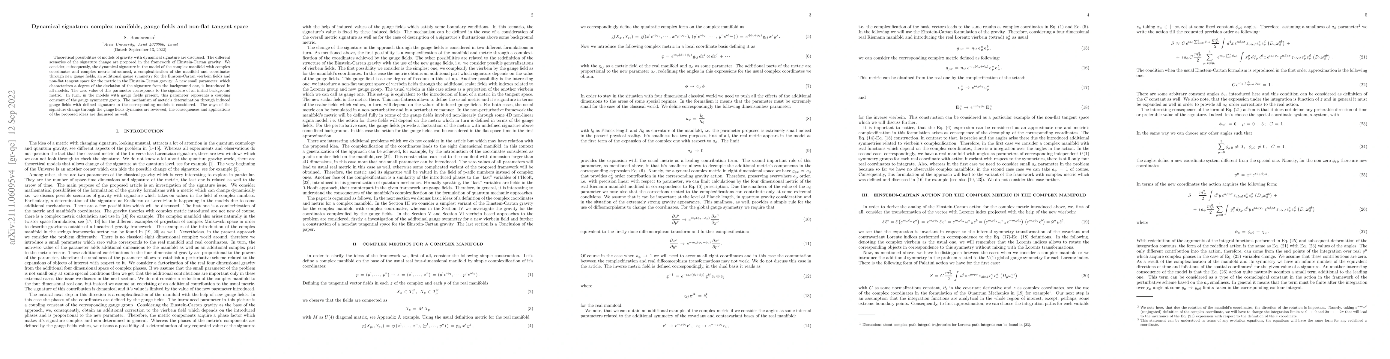 Thumbnail for Dynamical signature: complex manifolds, gauge fields and non-flat
  tangent space