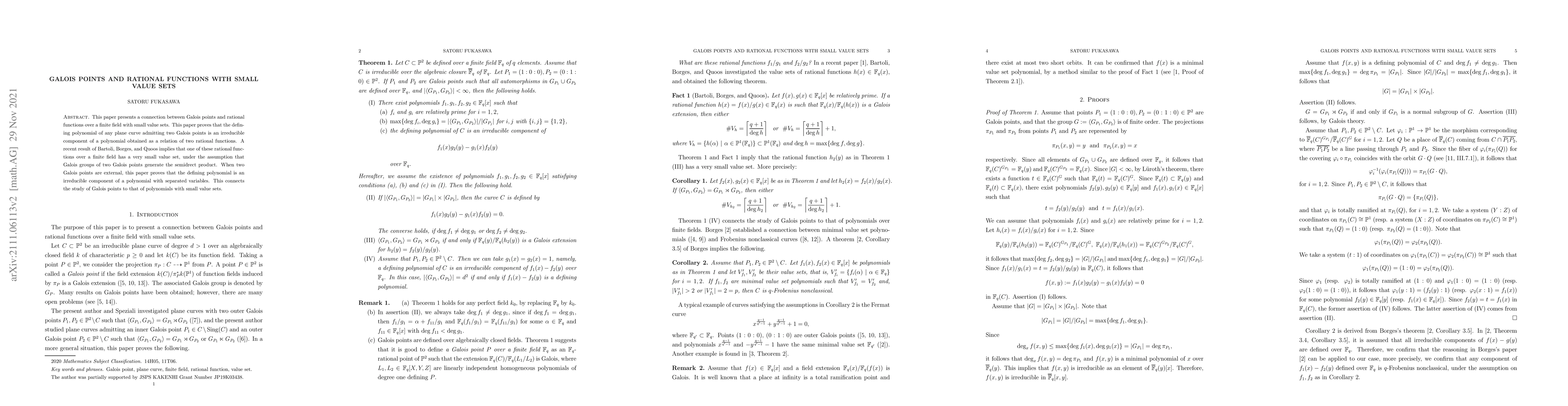 Thumbnail for Galois points and rational functions with small value sets