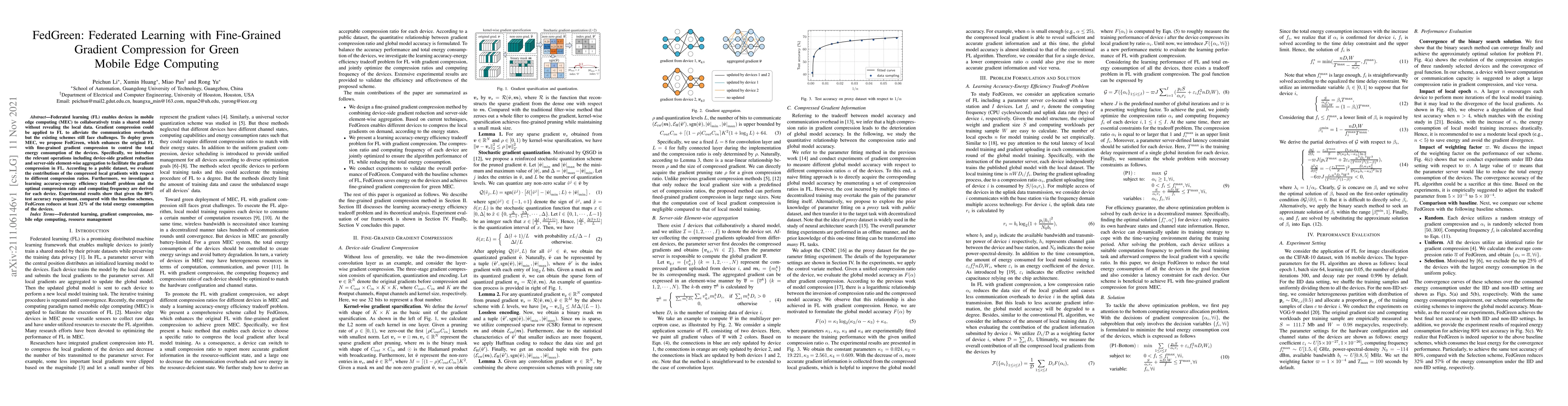 Thumbnail for FedGreen: Federated Learning with Fine-Grained Gradient Compression for
  Green Mobile Edge Computing