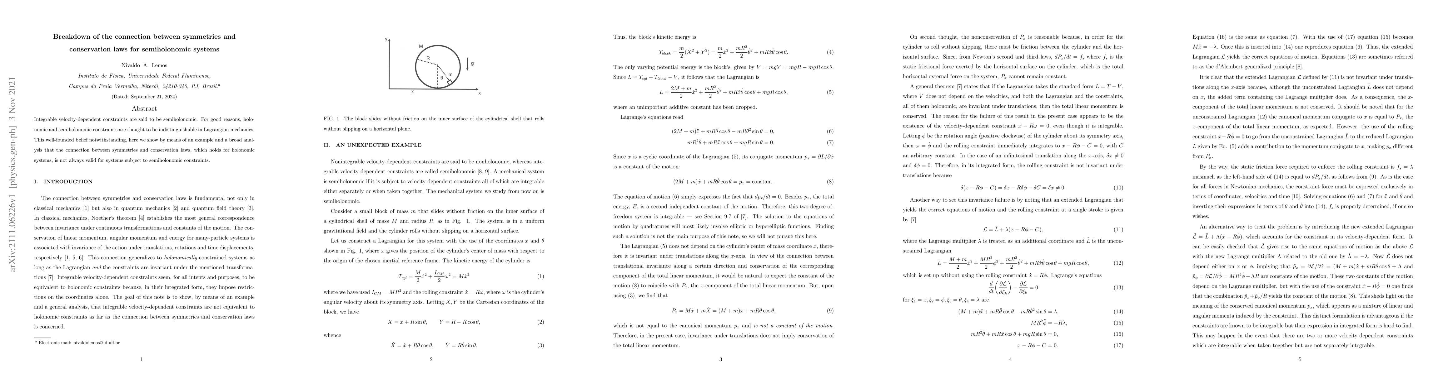 Thumbnail for Breakdown of the connection between symmetries and conservation laws for
  semiholonomic systems