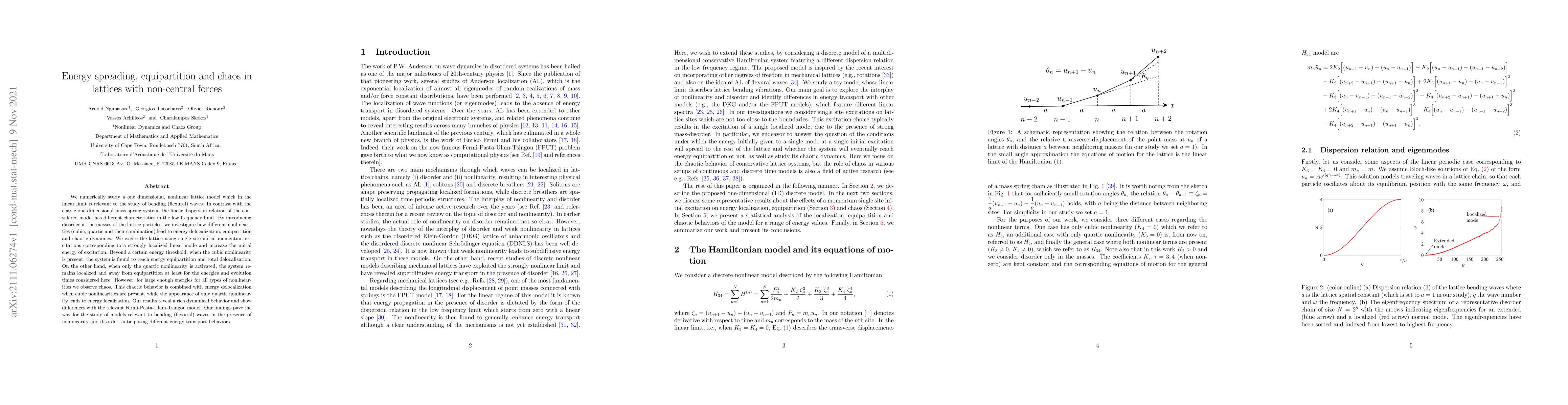 Thumbnail for Energy spreading, equipartition and chaos in lattices with non-central
  forces