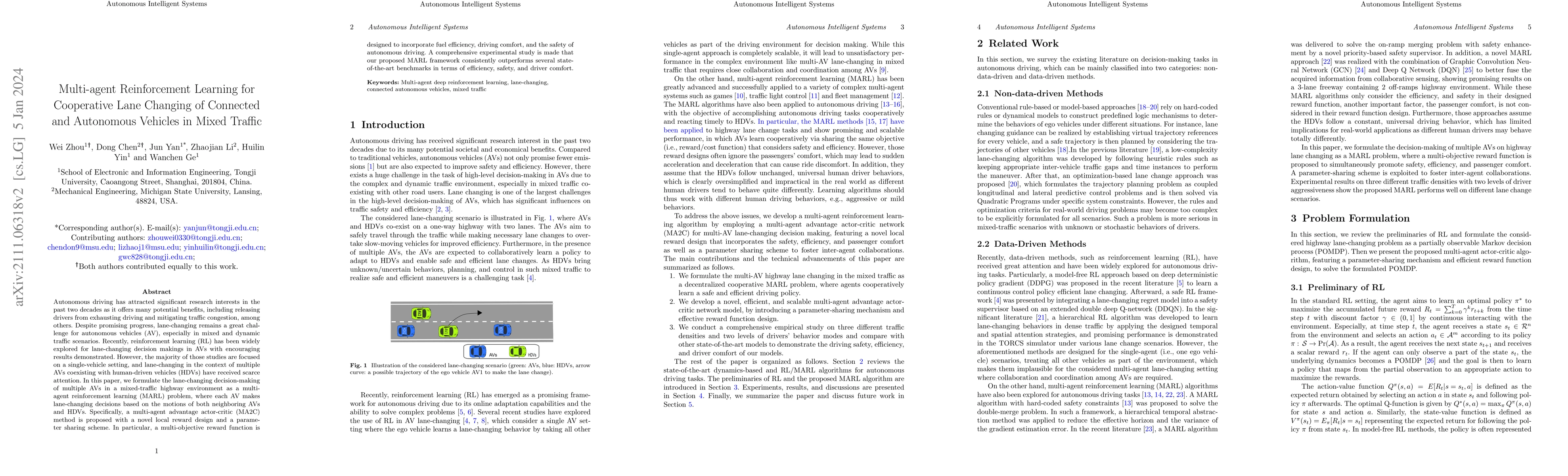Thumbnail for Multi-agent Reinforcement Learning for Cooperative Lane Changing of
  Connected and Autonomous Vehicles in Mixed Traffic