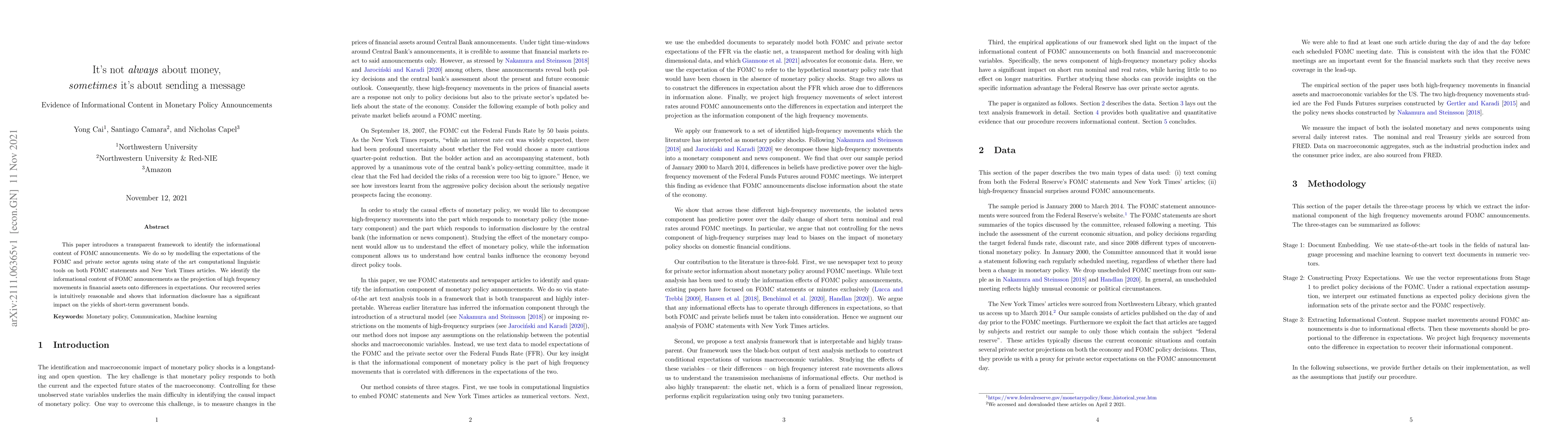 Thumbnail for It's not always about the money, sometimes it's about sending a message:
  Evidence of Informational Content in Monetary Policy Announcements