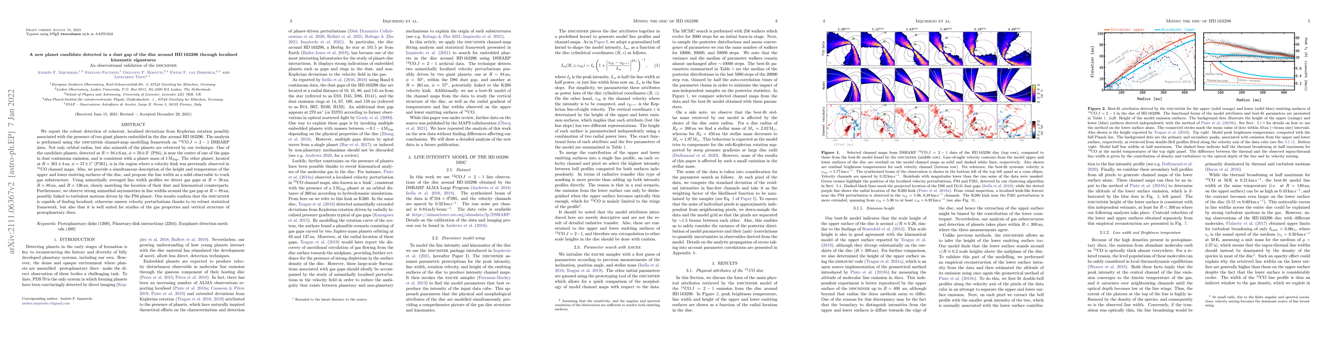 Thumbnail for A new planet candidate detected in a dust gap of the disc around HD
  163296 through localised kinematic signatures. An observational validation of
  the Discminer