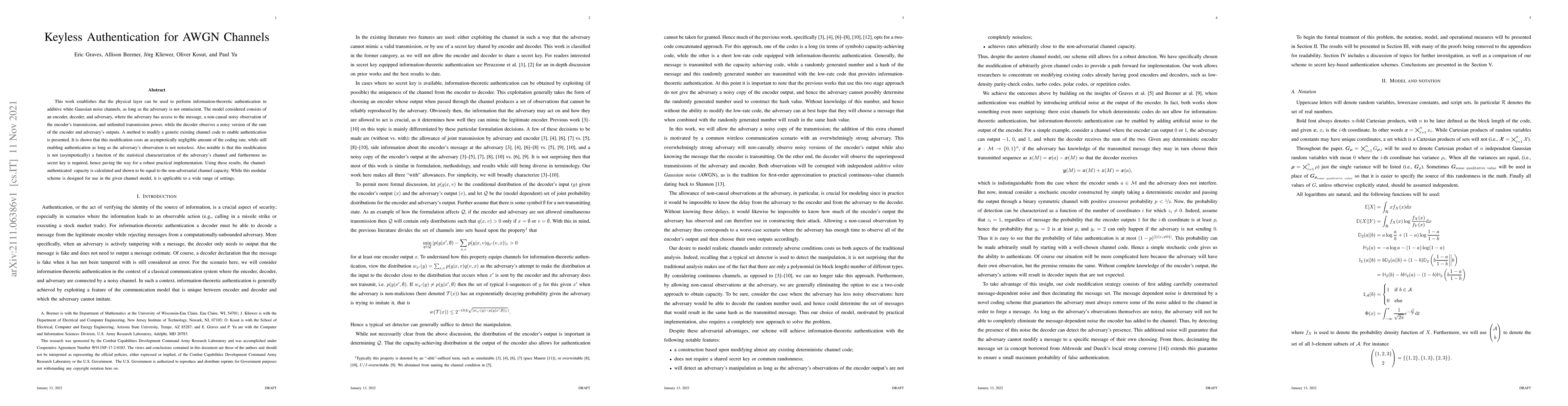 Thumbnail for Keyless Authentication for AWGN Channels